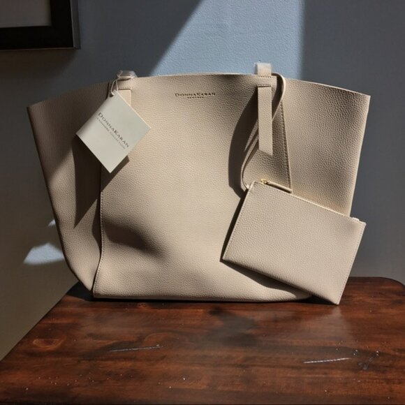 NEW Donna Karan Cashmere Collection Beige Large Tote Bag Weekender Carryall - Picture 3 of 9